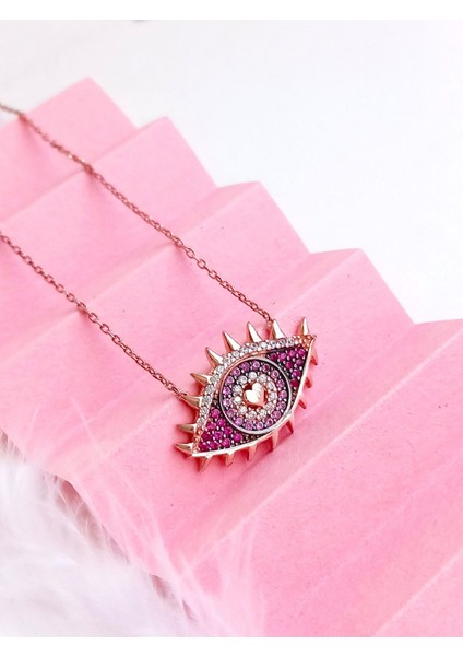 Pembe Gözü Tasarımlı Kadın Gümüş Kolye, 925 Ayar, Zirkon, Anneler Günü Hediye