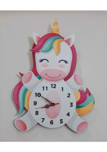40 x 40 cm Unicorn Model Özel Kesim Çocuk Duvar Saati Renkli Eğlenceli Lazer Kesim Uv Baskılı