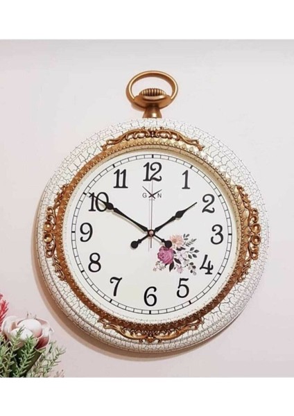 1453 Clock Krem Çiçekli Vintage Duvar Saati