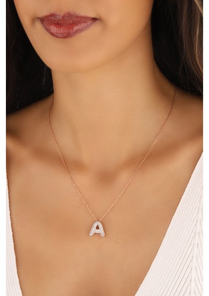 Kadın Gümüş Harf Kolye, Zarif Rose Kaplama, 925 Ayar, Zirkon Taş, Pembe Renk