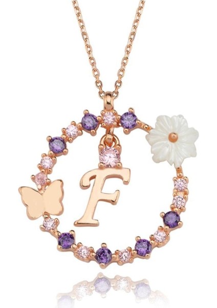 Gümüş Harfli Kolye, Manolya ve Rose Detay, Çok Renkli, Zirkon Taşlı, 925 Ayar Takı