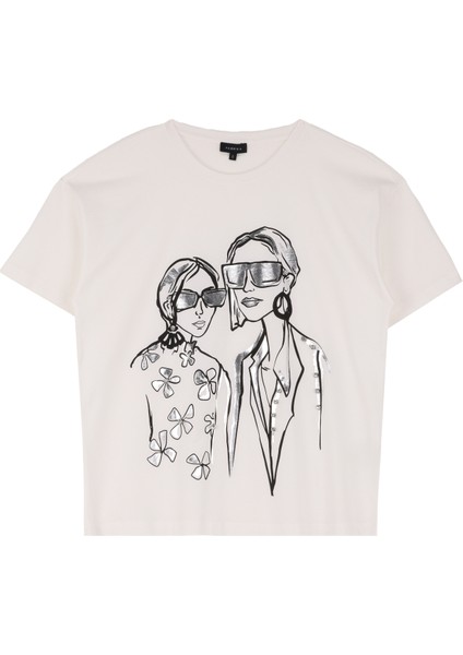 Kırık Beyaz Kadın Bisiklet Yaka Basic Baskılı T-Shirt F4WL-TST0302