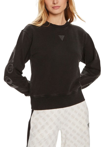 Bisiklet Yaka Desenli Siyah Kadın Sweatshırt Cn Bıg Guess Sweatsh - Cotton Brush