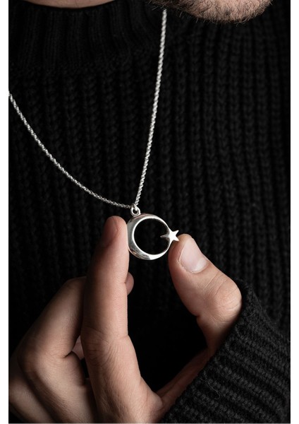 Özel Tasarım Erkek Gümüş Ay Yıldız Kolye, 925 Ayar, Zirkon Taşlı, Şık ve Zarif