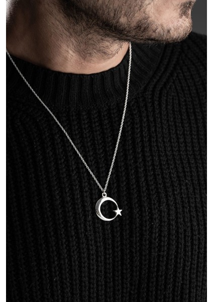 Özel Tasarım Erkek Gümüş Ay Yıldız Kolye, 925 Ayar, Zirkon Taşlı, Şık ve Zarif fiyatları