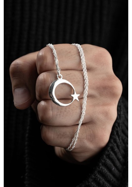 Özel Tasarım Erkek Gümüş Ay Yıldız Kolye, 925 Ayar, Zirkon Taşlı, Şık ve Zarif fırsatları