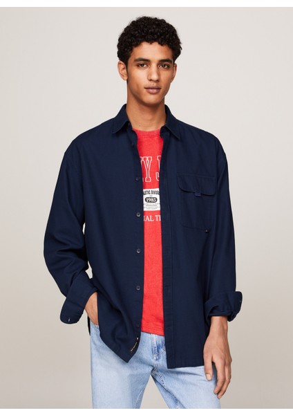 Tommy Jeans Regular Fit Lacivert Düz Erkek Gömlek DM0DM19510C1G Varsıty Explorer