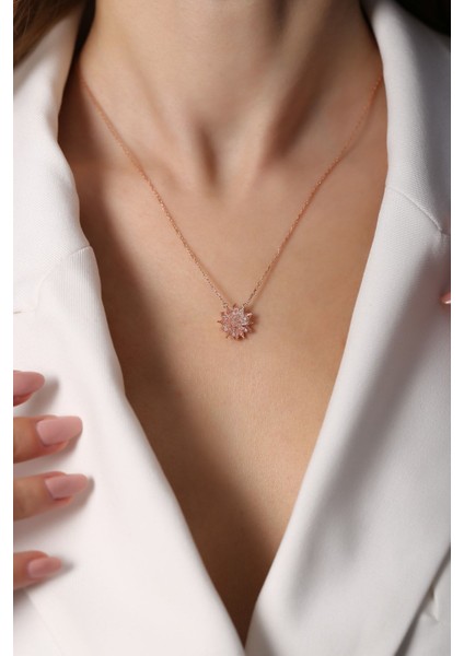 925 Ayar Pembe Taşlı Rose Kaplamalı Gümüş Kolye Bej Renkli Zarif Takı