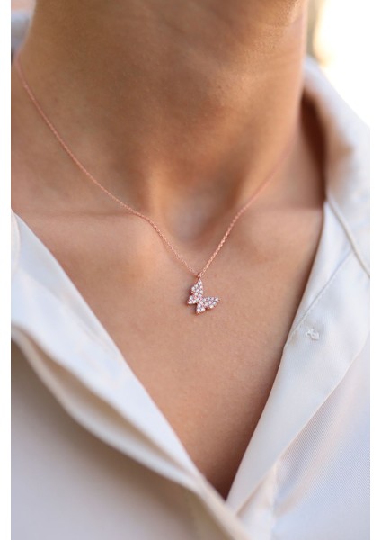 925 Ayar Gümüş Pembe Zirkon Kelebek Kolye, Zarif ve Şık Tasarım