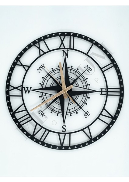 Dekoratif Roma Rakamlı Sessiz Siyah Metal Duvar Saati Pusula Temalı 60 x 60 cm fiyatları