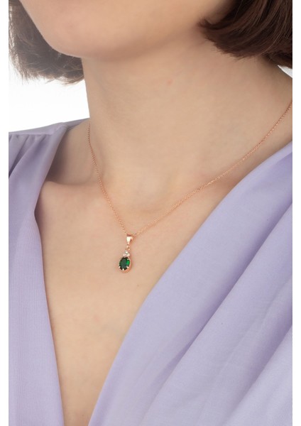 925 Ayar Gümüş Pembe Zirkon Oval Sallantılı Kolye
