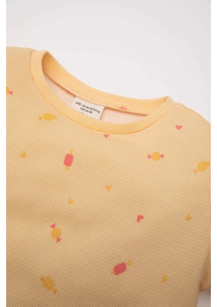 Kız Bebek Pijama Takımı Yiyecek Baskılı Waffle Uzun Kollu Üst Uzun Alt D3615A524WN