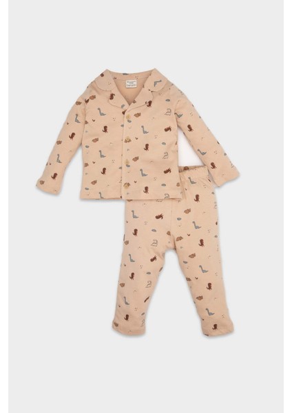 Erkek Bebek Pijama Takımı Dinazor Desenli Uzun Kollu Penye Üst Beli Lastikli Uzun Alt D6811A5NS