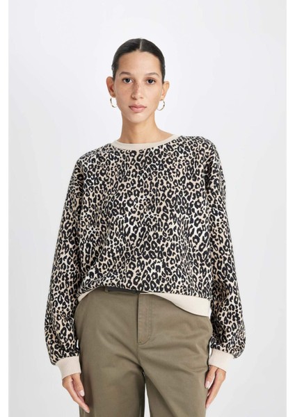 Boxy Fit Bisiklet Yaka Leopar Desenli Kalın Sweatshirt D8722AX24WN