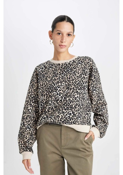 Boxy Fit Bisiklet Yaka Leopar Desenli Kalın Sweatshirt D8722AX24WN modelleri