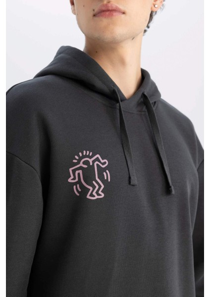 Keith Haring Boxy Fit Kapüşonlu Sırt Baskılı Sweatshirt C6520AX24AU