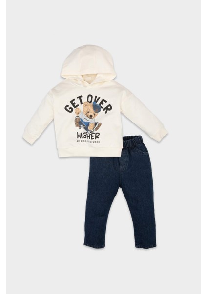 Erkek Bebek 2'li Takım Ayı Baskılı Kapüşonlu Sweatshirt Üst Jean Pantolon Alt D5399A524WN