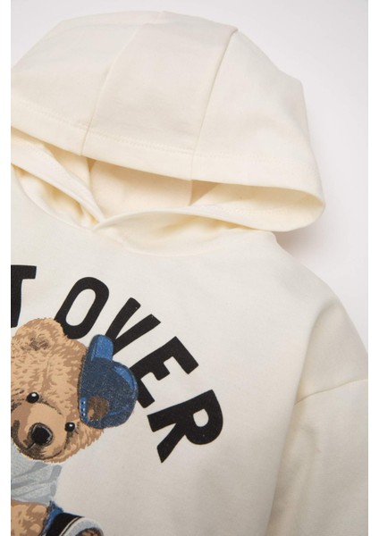 Erkek Bebek 2'li Takım Ayı Baskılı Kapüşonlu Sweatshirt Üst Jean Pantolon Alt D5399A524WN