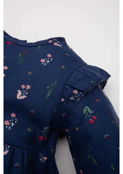 Kız Bebek Bisiklet Yaka Çiçek Desenli Fırfır Detaylı Uzun Kollu Twill Elbise D3075A524AU