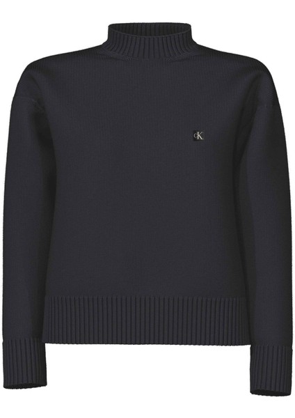 Balıkçı Yaka Standart Nakışlı Siyah Kazak Kadın Ck Embro Badge Sweater