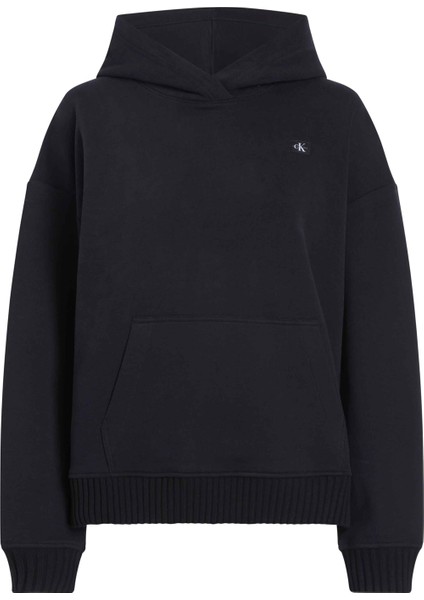 Kapüşon Yaka Düz Siyah Kadın Sweatshırt Woven Label Peached Hoodıe