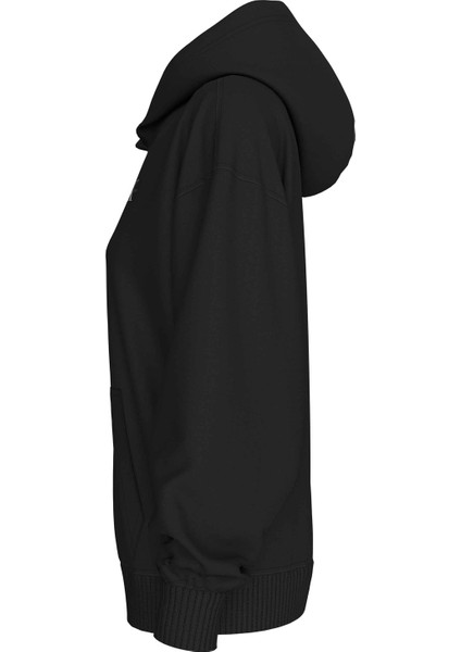 Kapüşon Yaka Düz Siyah Kadın Sweatshırt Woven Label Peached Hoodıe modelleri