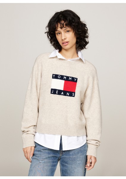 Yuvarlak Yaka Standart Nakışlı Bej Kazak Kadın Tjw Melange Flag Sweater Ext