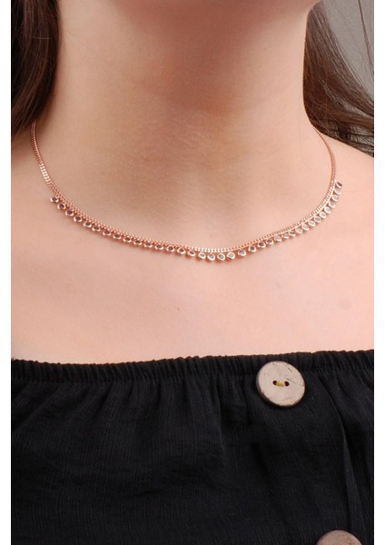 Gümüş Topaz Taşlı Bej Renkli Şık Choker Kolye