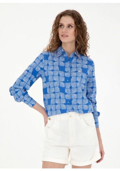 Comfort Fit Gömlek Yaka Saks Kadın Gömlek Hırunda