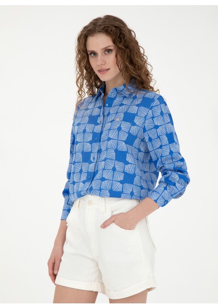 Comfort Fit Gömlek Yaka Saks Kadın Gömlek Hırunda modelleri