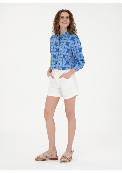 Comfort Fit Gömlek Yaka Saks Kadın Gömlek Hırunda fırsatları