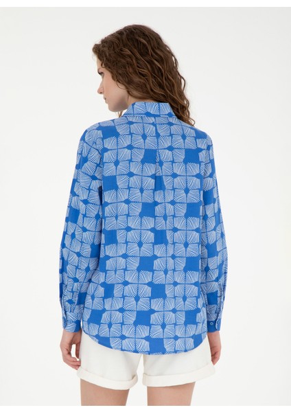 Comfort Fit Gömlek Yaka Saks Kadın Gömlek Hırunda indirimleri