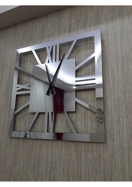Dekoratif Gümüş Büyük Kare Duvar Saati Modern Mdf Üzeri Aynalı Pleksi 60 x 60 cm Şık Ev Ofis Saati indirimleri