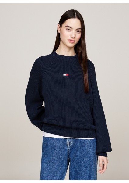 Dik Yaka Standart Nakışlı Lacivert Kazak Kadın Tjw Badge Mockneck Sweater