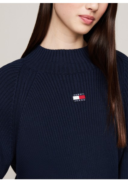 Dik Yaka Standart Nakışlı Lacivert Kazak Kadın Tjw Badge Mockneck Sweater