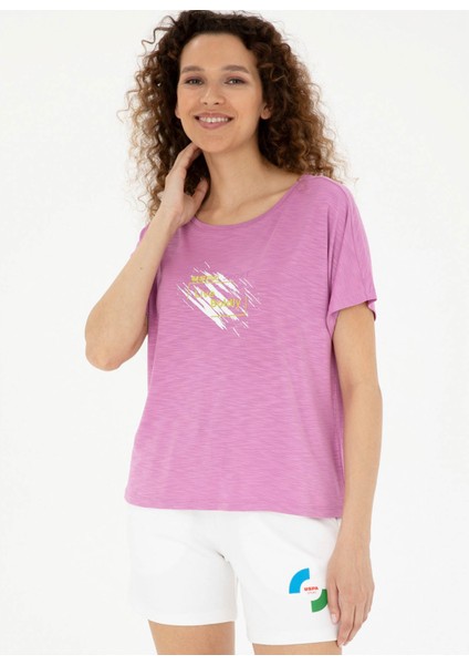 Bisiklet Yaka Açık Mor Kadın T-Shirt PEXİ-S