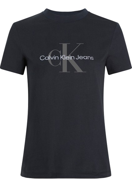 Yuvarlak Yaka Düz Siyah Kadın T-Shirt Ss Monologo Archıve Jersey