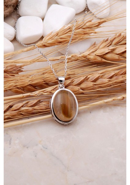 Rodyumlu Gümüş Akik Taşlı Kolye, Çok Renkli, 925 Ayar, Şık ve Doğal Taş Detaylı