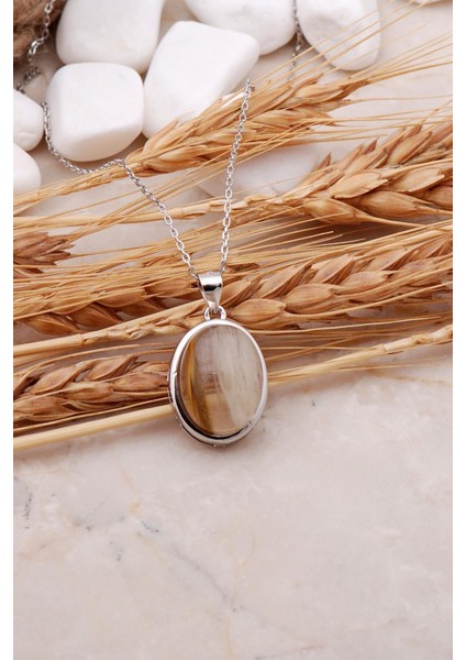 Rodyumlu Gümüş Akik Taşlı Kolye, Çok Renkli, 925 Ayar, Şık ve Doğal Taş Detaylı fiyatları