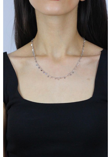 Parlak Rodyum Kaplama Doğal Taşlı Gümüş Görünümlü Choker Kolye