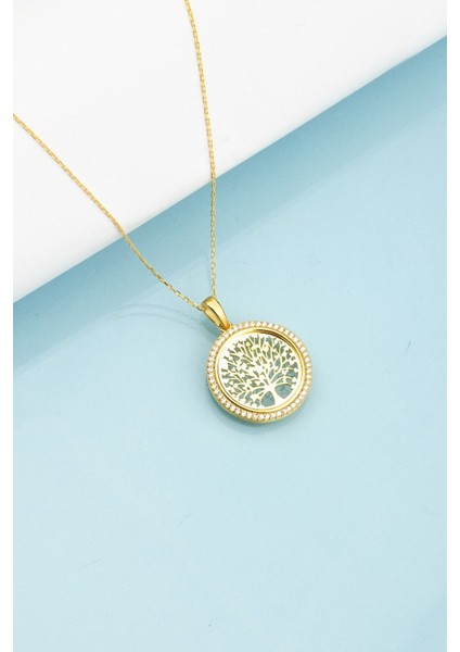 925 Ayar Gümüş Hayat Ağacı Kolye, Zarif ve Şık Takı, Zirkon Taşlı, Altın Renk