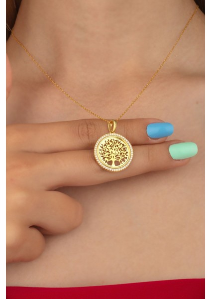 925 Ayar Gümüş Hayat Ağacı Kolye, Zarif ve Şık Takı, Zirkon Taşlı, Altın Renk modelleri