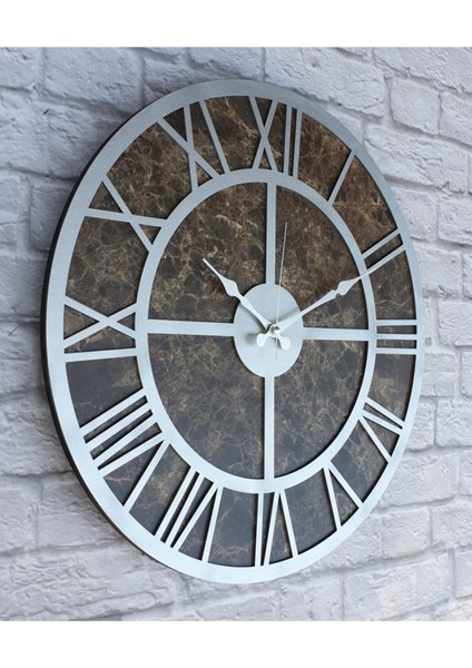 Mermer Desenli Metalik Gri Renkli Büyük Boy Duvar Saati Çap 80 cm fiyatları
