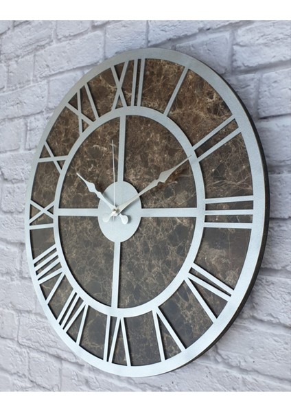 Mermer Desenli Metalik Gri Renkli Büyük Boy Duvar Saati Çap 80 cm modelleri