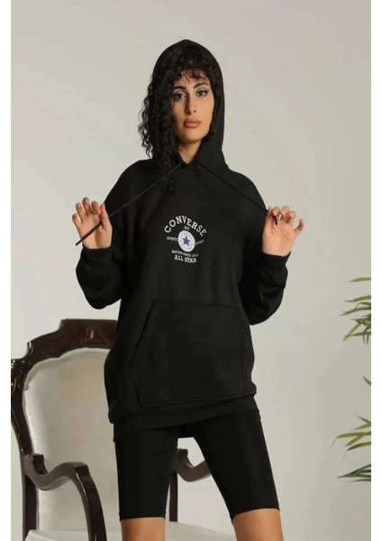 Unisex Kapüşonlu Üç Iplik Oversize Baskılı Sweatshirt - Siyah