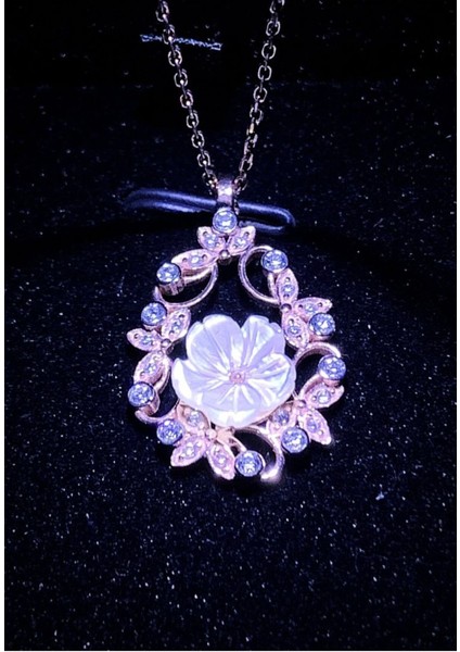 Parlak Pembe Zirkon Çiçek Kolye, 925 Ayar, Kadın Hediye, Rose Gold Renk