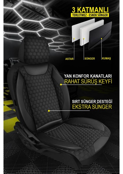 Aston Martin V8 Vantage Uyumlu Tam Set Pro Lüks Oto Koltuk Kılıfı Deri ve Kabartmalı Siyah Kumaş