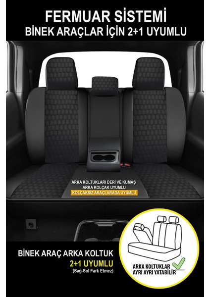 Audi A4 Uyumlu Tam Set Pro Lüks Oto Koltuk Kılıfı Deri ve Kabartmalı Siyah Kumaş