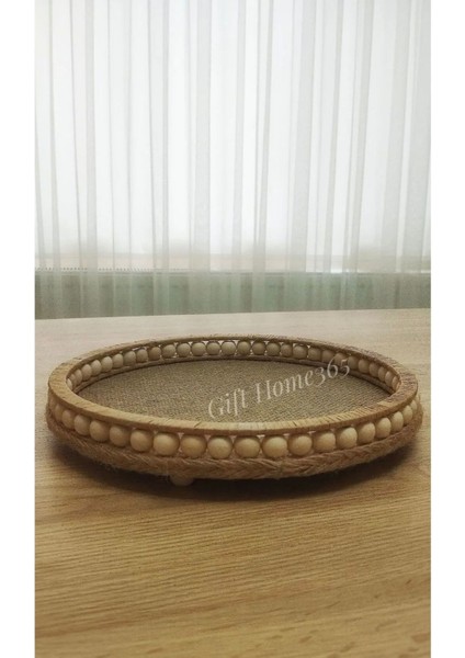 Ahsap Boncuklu 25 cm Hasir Dogal Bohem Rafya/jüt Tepsi, Dekoratif Tepsi, Banyo, Ev, Dekor Tepsi modelleri
