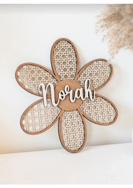 4'lü Set 30 cm Çap Papatya Hazeran Ahşap Rattan Kapı Bebek Odası Kapı Duvar Süsü Dekorasyon